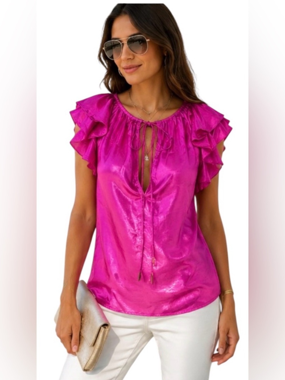 NWT Karina Grimaldi Sabrina Silk Ruffle Sleeve Blouse Women’s Size M Fuchsia